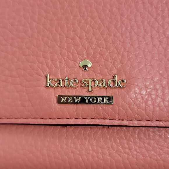 Kate Spade Pebbled Leather Trifold Coral Pink Salmon Wallet w Striped Lining - Picture 14 of 16